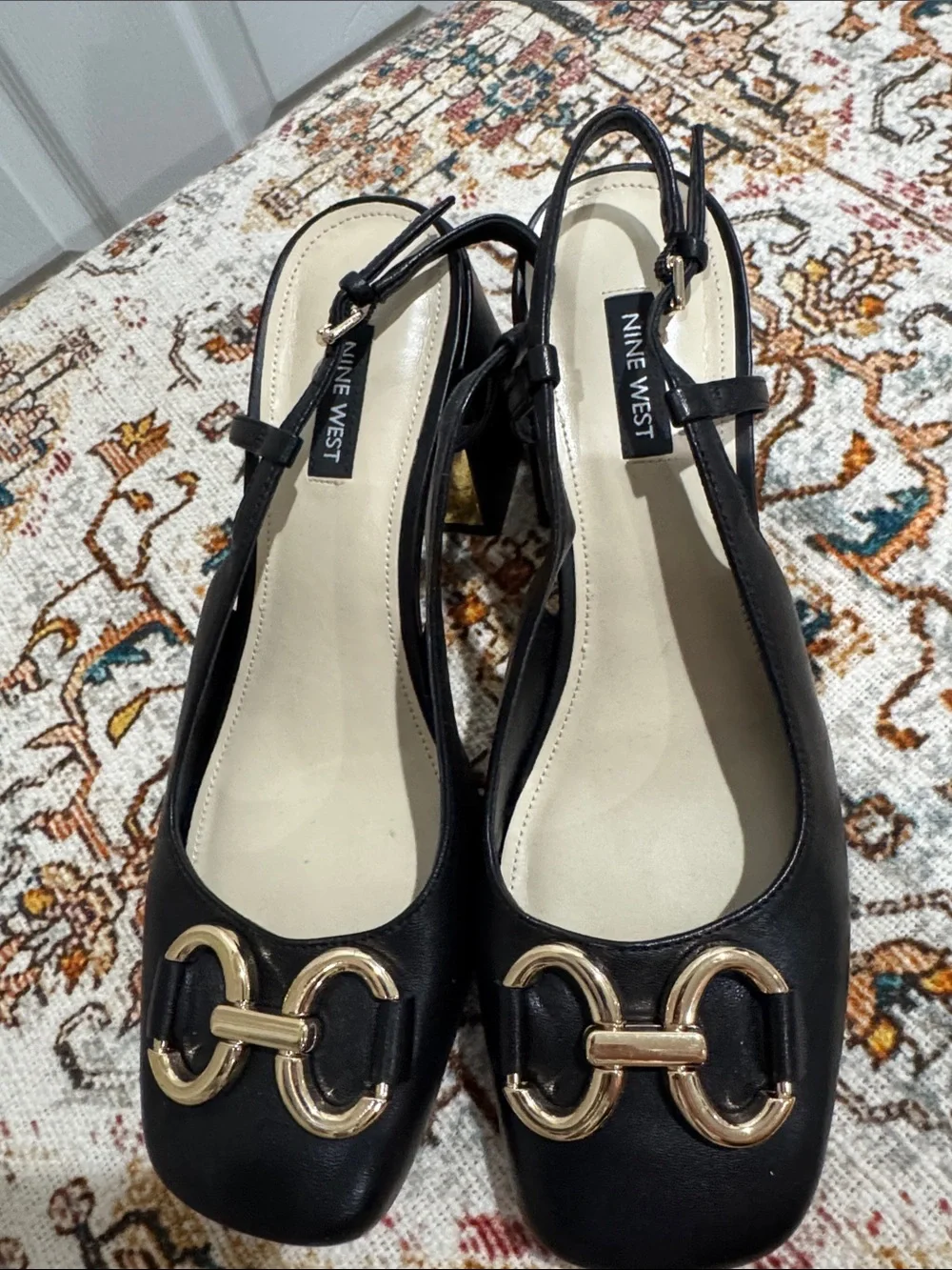 Nine West Black Leather Slingback Block Heels with Gold Chain Detail
